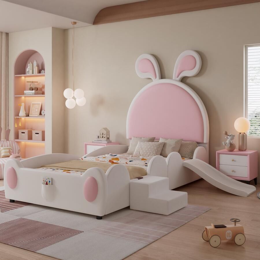 Merax Gestoffeerd bed eenpersoonsbed met kleine trap en kinderglijbaan hoofdeinde met konijnenoren witroze 90x200 cm zonder matras