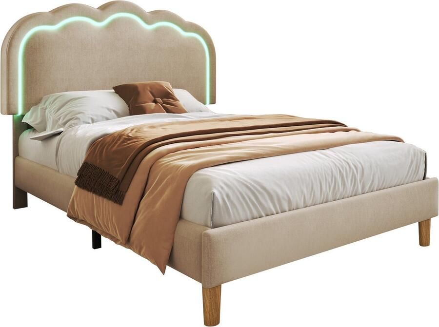 Merax Gestoffeerd Eenpersoonsbed met LED-Verlichting 90 x 200 cm Bedframe met Lattenbodem en Verstelbaar Hoofdbord Linnen Bed Beige - Foto 3