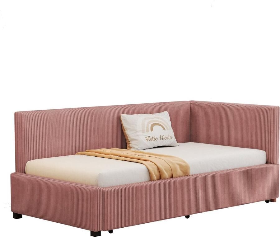 Merax Polsterbett Schlafsofa 90*200 Multifunktionsbett mit 2 großen Stauraumschubladen und Lattenrost hautfreundlicher Samtstoff Rosa - Foto 2
