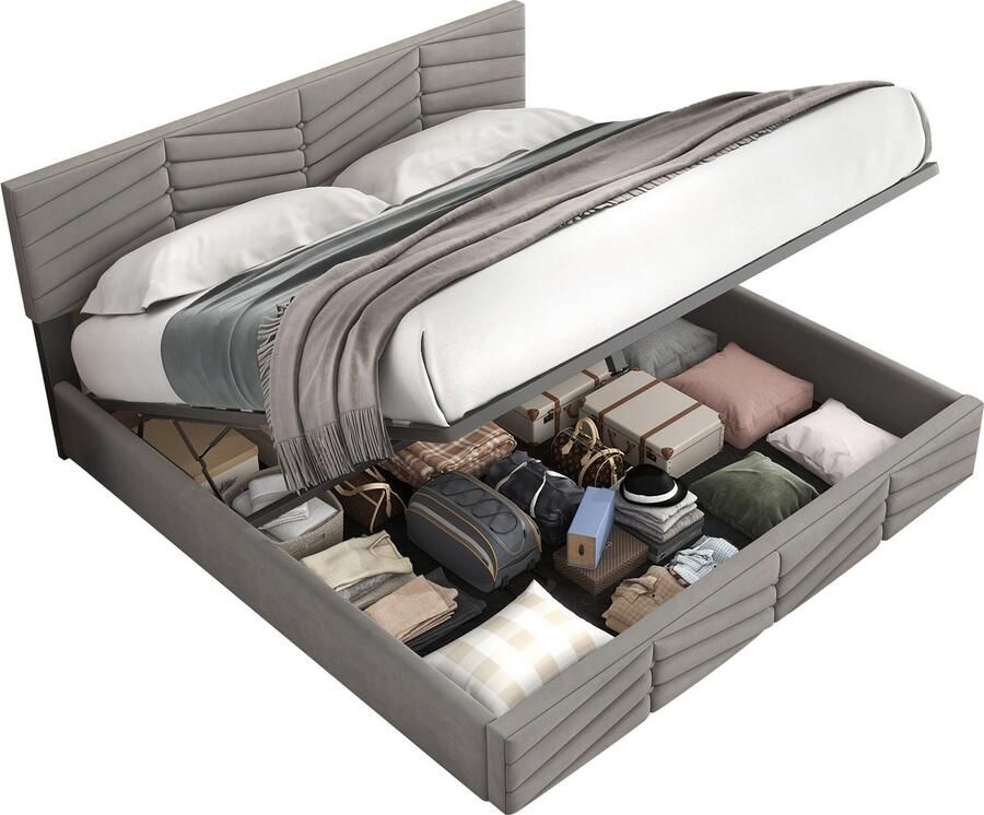 Merax Gestoffeerd Bed Hydraulisch Doppelbed 160x200 cm met Verstelbaar Hoofdbord Moderne Europese Stijl met Strepen en Knopen Beige Fluweel