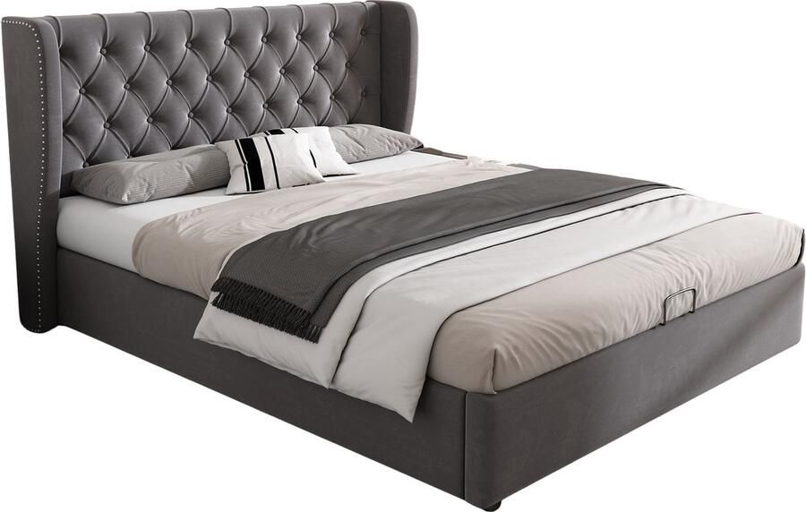 Merax Gestoffeerd Bed in Oorvorm Velours Tweepersoonsbed 140 x 190 cm Hydraulisch Opbergbed met Lattenbodem en Opbergruimte Grijs - Foto 2