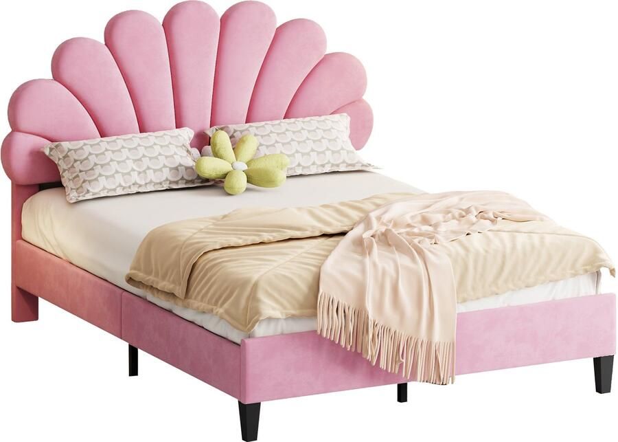 Merax Gestoffeerd bed kinderbed 140 x 200 cm met gebloemd hoofdeinde en lattenbodem meisjesbed roze zonder matras