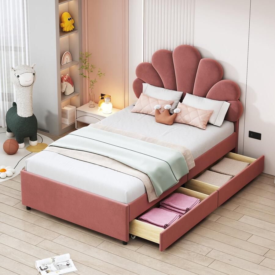 Merax Gestoffeerd bed kinderbed 90 x 200 cm met gebloemd hoofdeinde met 2 opbergvakken meisjesbed roze zonder matras