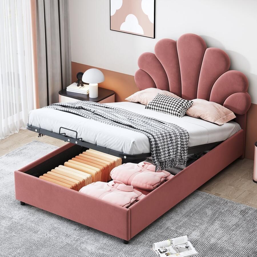 Merax Gestoffeerd bed kinderbed 90 x 200 cm met in hoogte verstelbaar bloemvormig hoofdeinde met opbergruimte bonenrood zonder matras