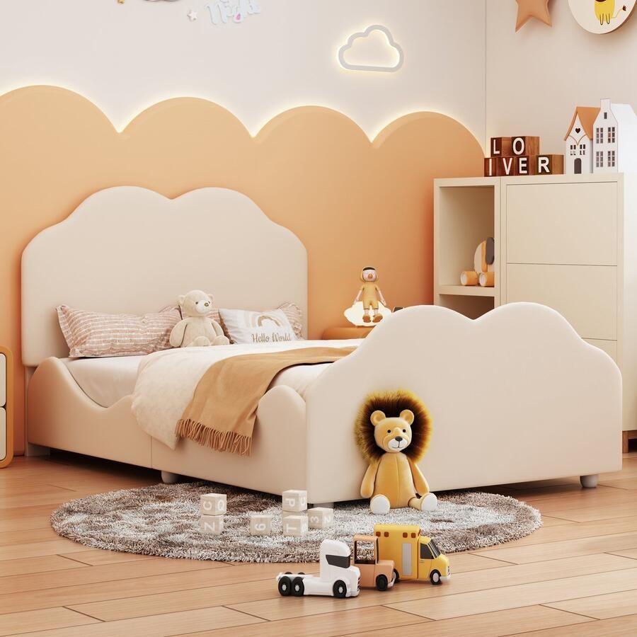 Merax Gestoffeerd bed kinderbed 90 x 200 cm met leuning met wolkvormig hoofdeinde en voeteneinde beige eenpersoonsbed zonder matras