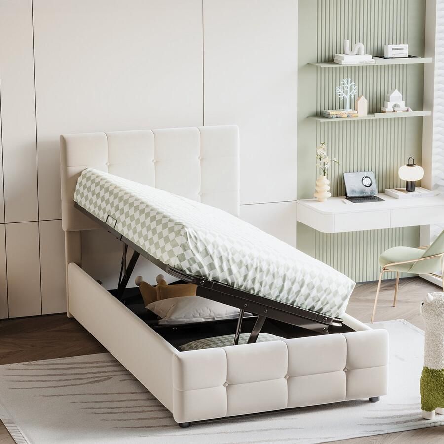 Merax Gestoffeerd bed kinderbed 90x200 cm met opbergruimte in hoogte verstelbaar hoofdeinde eenpersoonsbed beige zonder matras