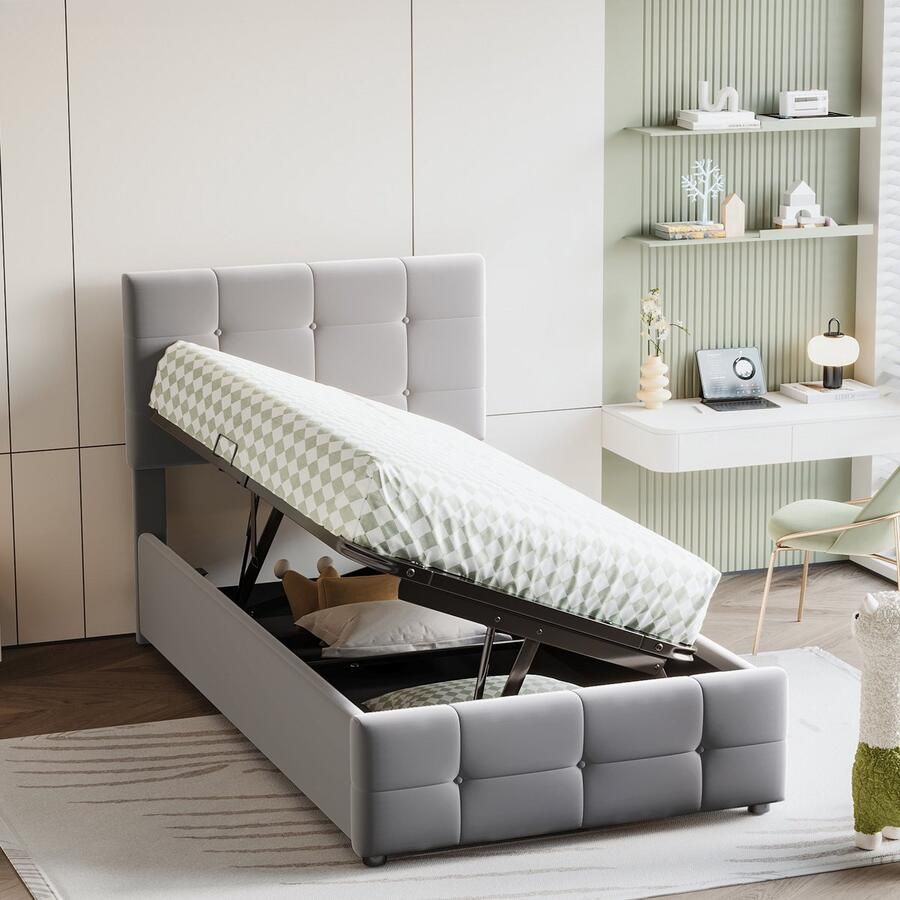 Merax Gestoffeerd bed kinderbed 90x200 cm met opbergruimte in hoogte verstelbaar hoofdeinde eenpersoonsbed grijs zonder matras