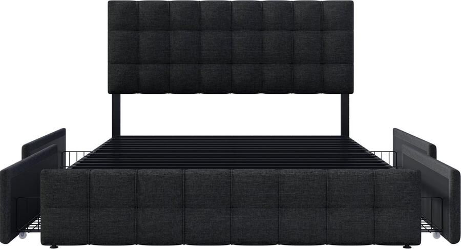 Merax Gestoffeerd Bed met 4 Laden Tweepersoonsbed met Lattenbodem Opbergruimte Verstelbaar Hoofdbord en Vierkant Stikselontwerp Metalen Lattensteun Linnen Materiaal (140x200 cm Zwart) - Foto 2