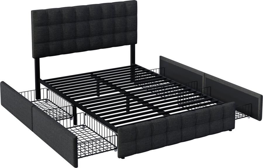 Merax Gestoffeerd Bed met 4 Schuifladen en Pocketveringmatras – Tweepersoonsbed 140x200 cm – Met Verstelbaar Hoofdbord Stalen Lattenbodem en Opbergruimte – Zwart