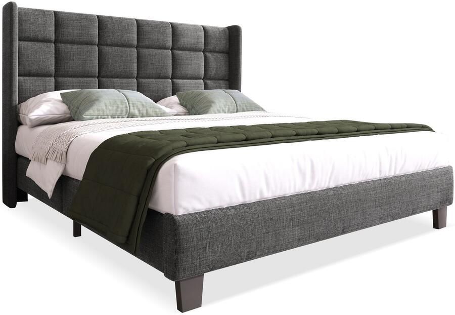 Merax Gestoffeerd Bed met Hoofdbord en Houten Lattenbodem 140 x 200 cm Grijs Linnen Zonder Matras