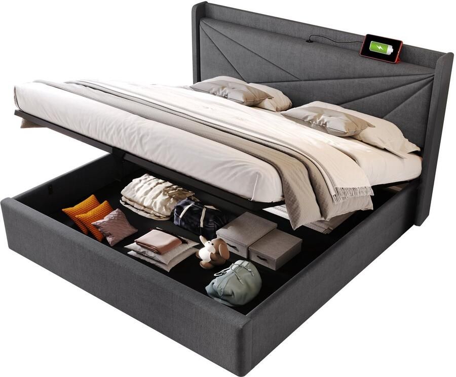 Merax Gestoffeerd Bed met Opbergruimte – 180x200 cm – Bedframe met USB & Type-C Oplaadfunctie – Grijs – Linnen Stof – Inclusief Houten Lattenbodem – Zonder Matras