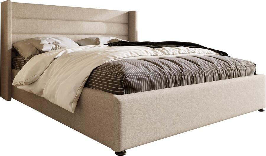 Merax Opbergbed 180x200 cm – Gestoffeerd Hydraulisch Tweepersoonsbed met Houten Lattenbodem en Metalen Frame Beige