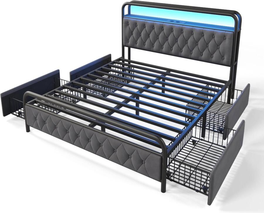 Merax Tweepersoonsbed 140x200 cm met USB-C en LED-Verlichting via APP Metalen Bedframe met 4 Opberglades Luxe Gestoffeerd Bed Grijs