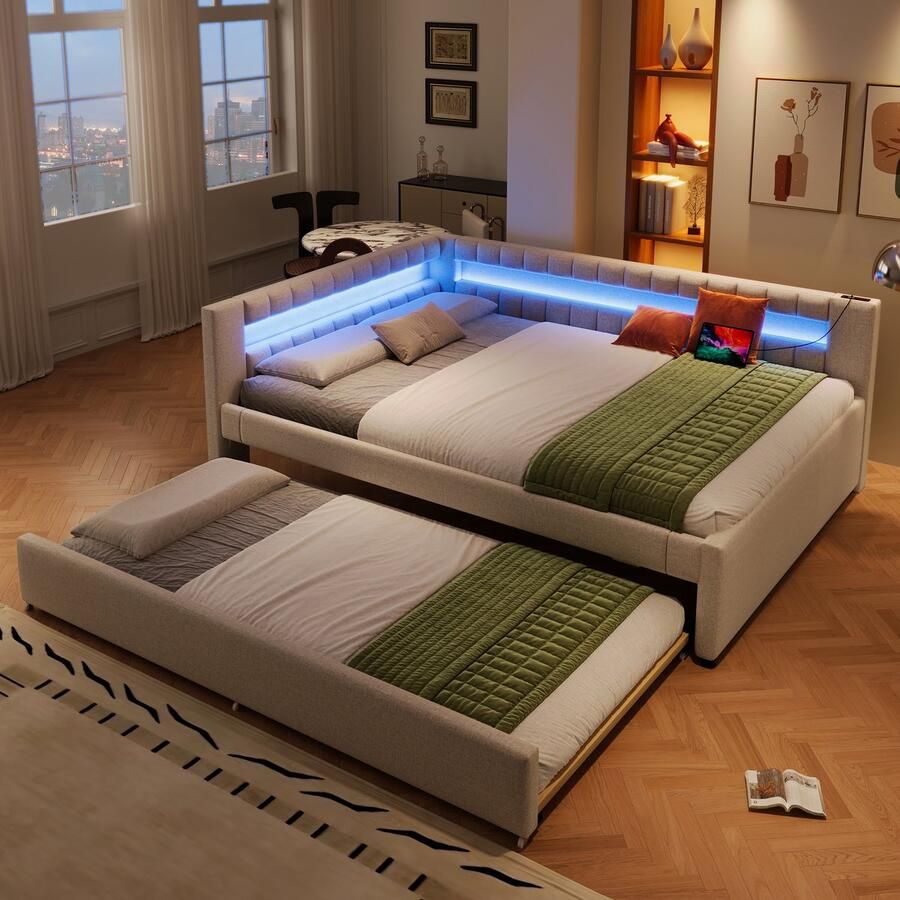 Merax Gestoffeerd bed met LED-verlichting 140x200 cm Tweepersoonsbed met uitschuifbed slaapbank zonder matras USB TYPE-C beige