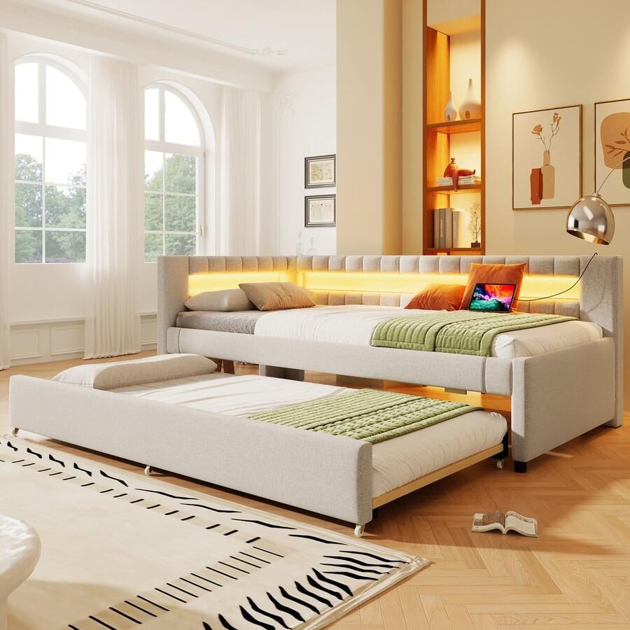 Merax Gestoffeerd bed met LED-verlichting 90x200 cm met uitschuifbed slaapbank zonder matras USB TYPE-C beige