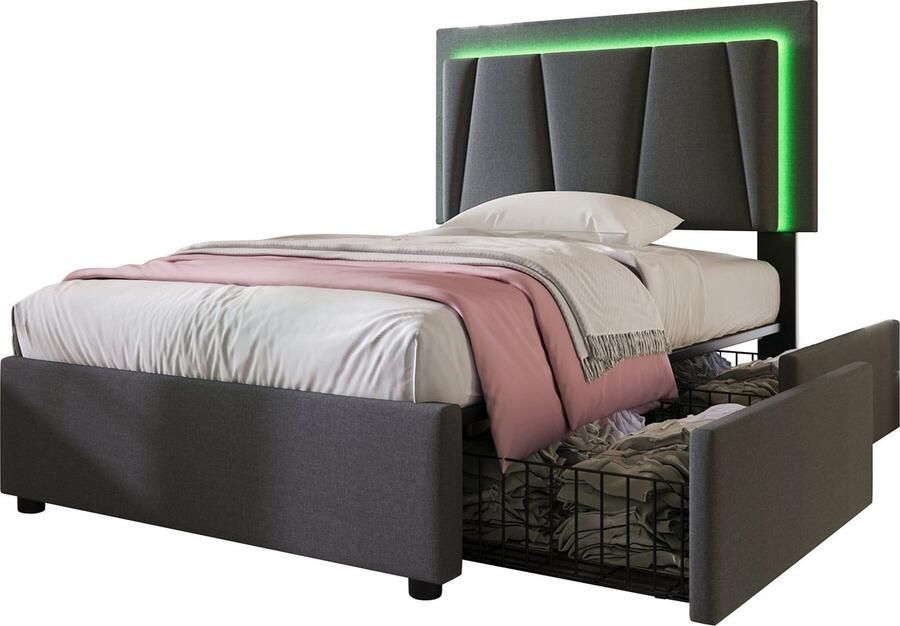 Merax Polsterbett mit LED-Beleuchtung und 2 Schubladen Höhenverstellbarem Kopfteil Einzelbett 90x200cm Stauraumbetten Bettgestell Lattenrost aus Holz Garu (Ohne Matratze) - Foto 2