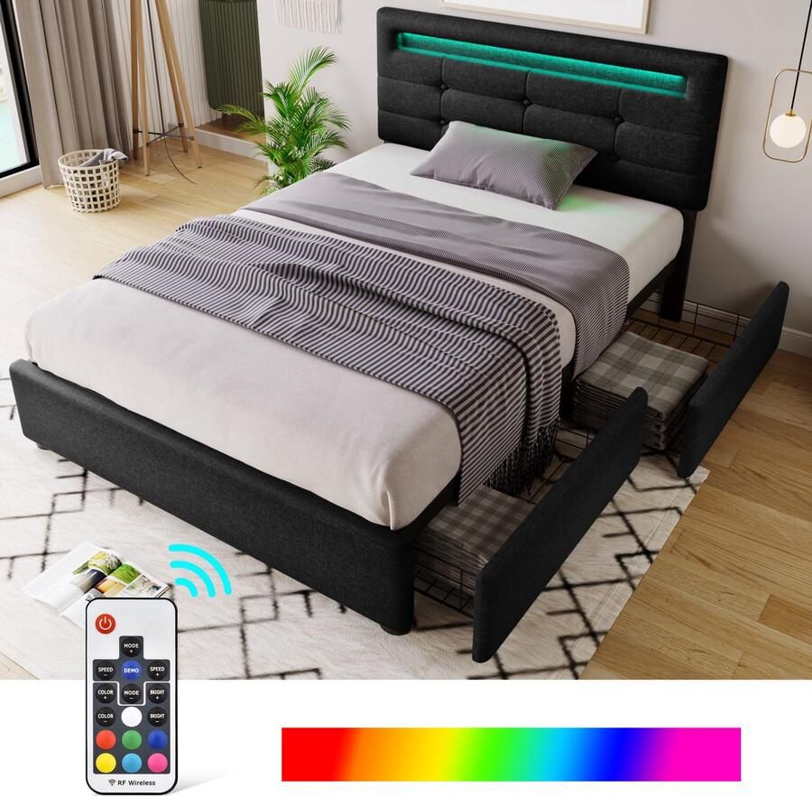Merax Gestoffeerd bed met LED-verlichting en 2 lades eenpersoonsbed 90x200cm Verstelbaar hoofdeinde zwart zonder matras