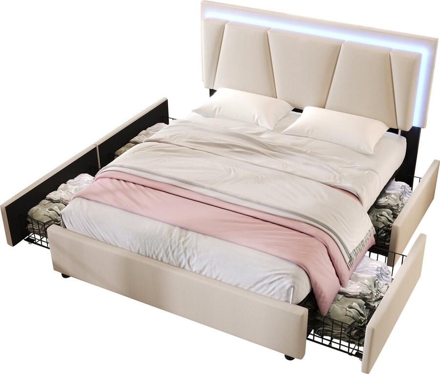 Merax Gestoffeerd Bed met LED Verlichting en 4 Lades Tweepersoonsbed 160x200cm met Verstelbaar Hoofdbord Bedframe met Lattenbodem Beige