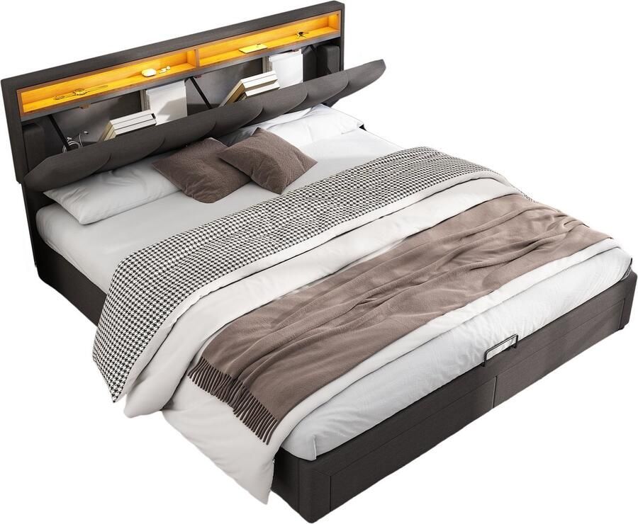 Merax Gestoffeerd Bed met LED Verlichting – 180x200 cm – Hydraulisch Bed met Opbergruimte Lades en Staufächer – Linnen – Metalen Frame – Inclusief Houten Lattenbodem – Grijs