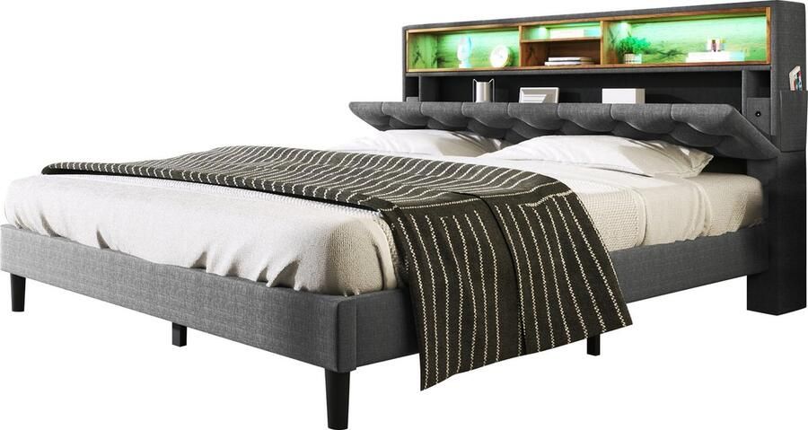 Merax Gestoffeerd Bed met LED Verlichting en Stauraum Hoofdbord 140 x 200 cm Grijs Zonder Matras