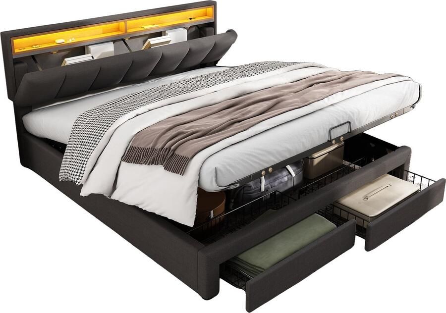Merax Gestoffeerd Bed met LED-Verlichting Hydraulisch Bed met Opbergruimte Schuifladen en Staufächer Opvouwbaar Hoofdbord Tweepersoonsbed van Stalen Frame Stof 180 x 200 cm Donkergrijs
