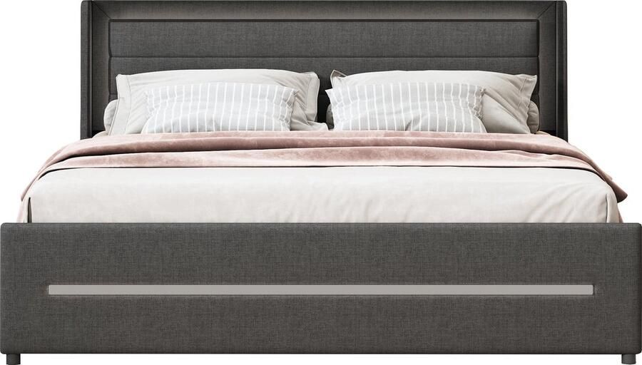 Merax Polsterbett 160*200 mit farbwechselnder LED-Beleuchtung mit vier Ablagefächern Leinenstoff Doppelflachbett mit Lattenrost Grau (Matratze nicht enthalten) - Foto 2