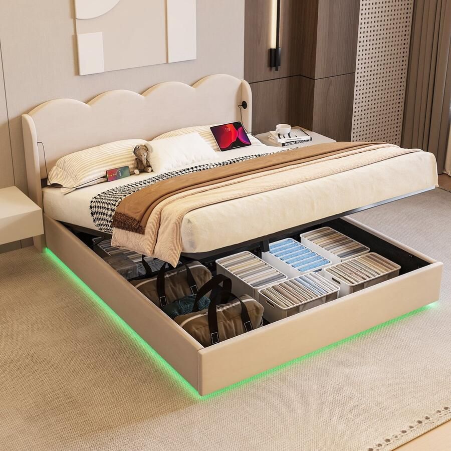 Merax Gestoffeerd Tweepersoonsbed 160x200cm Modern Queensize Bed met Golvend Hoofdbord en Opbergruimte Hydraulisch Systeem LED Verlichting en USB-Lader Fluwelen Stof Beige - Foto 2