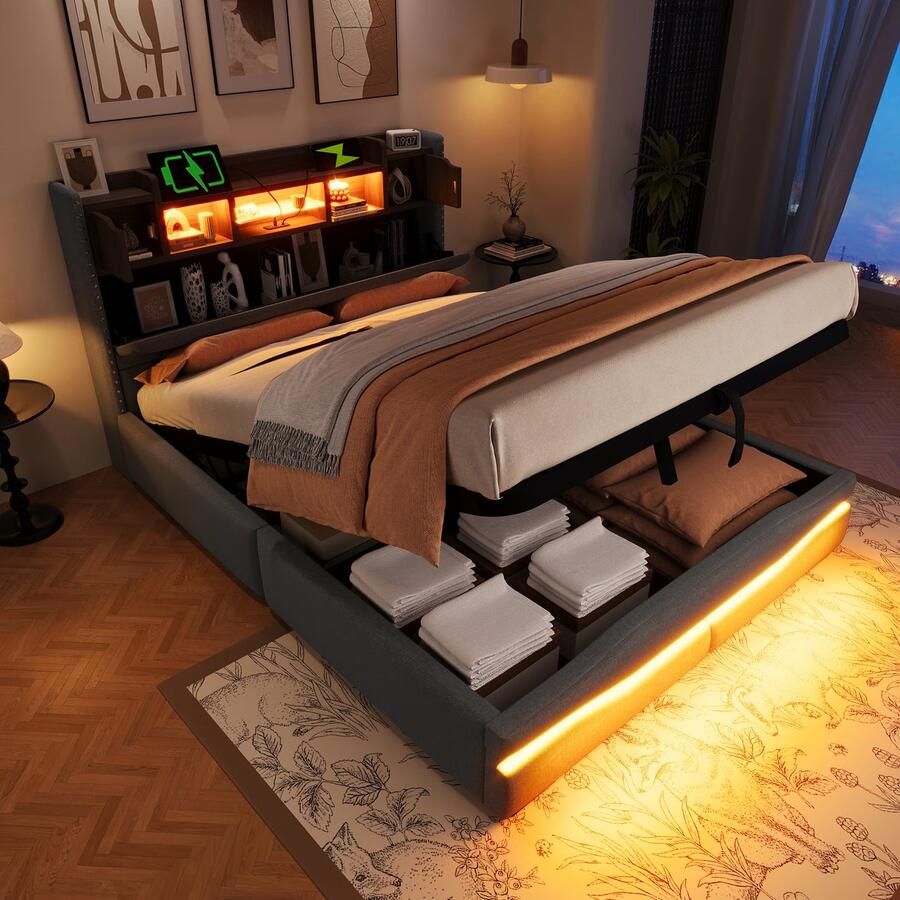 Merax Gestoffeerd bed met opbergruimte 140x200 cm afstandsbediening sfeerverlichting onder bed met LED-verlichting grijs zonder matras