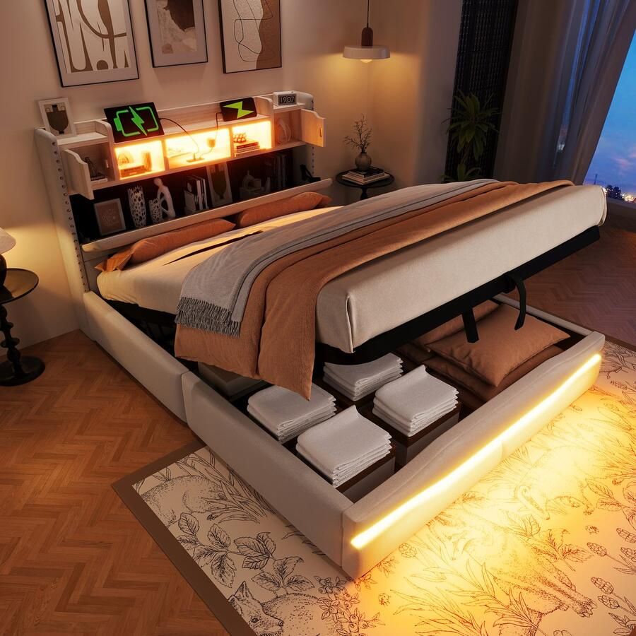 Merax Gestoffeerd bed met opbergruimte 140x200 cm afstandsbediening sfeerverlichting onder bed met LED-verlichting beige zonder matras