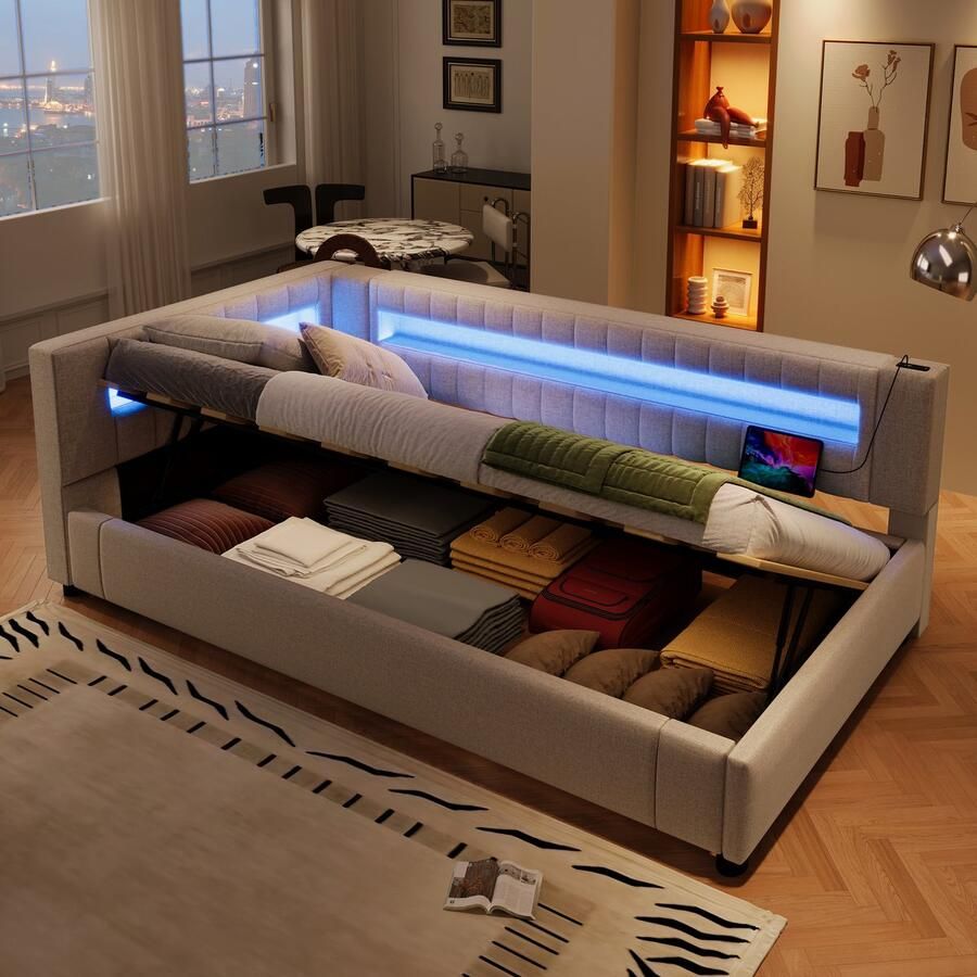Merax Gestoffeerd bed met opbergruimte 90x200 cm met LED-verlichting Eenpersoonsbed zonder matras USB TYPE-C beige