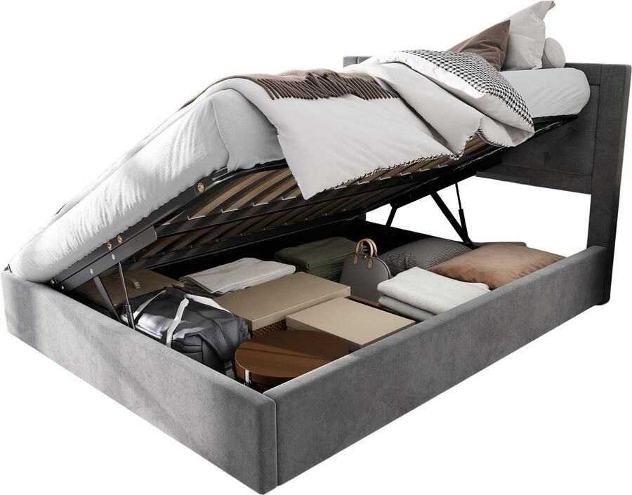 Merax Gestoffeerd Bed met Opbergruimte en Afneembare Ladebakken Chesterfield-Stijl 140x200cm Grijs Stalen Frame