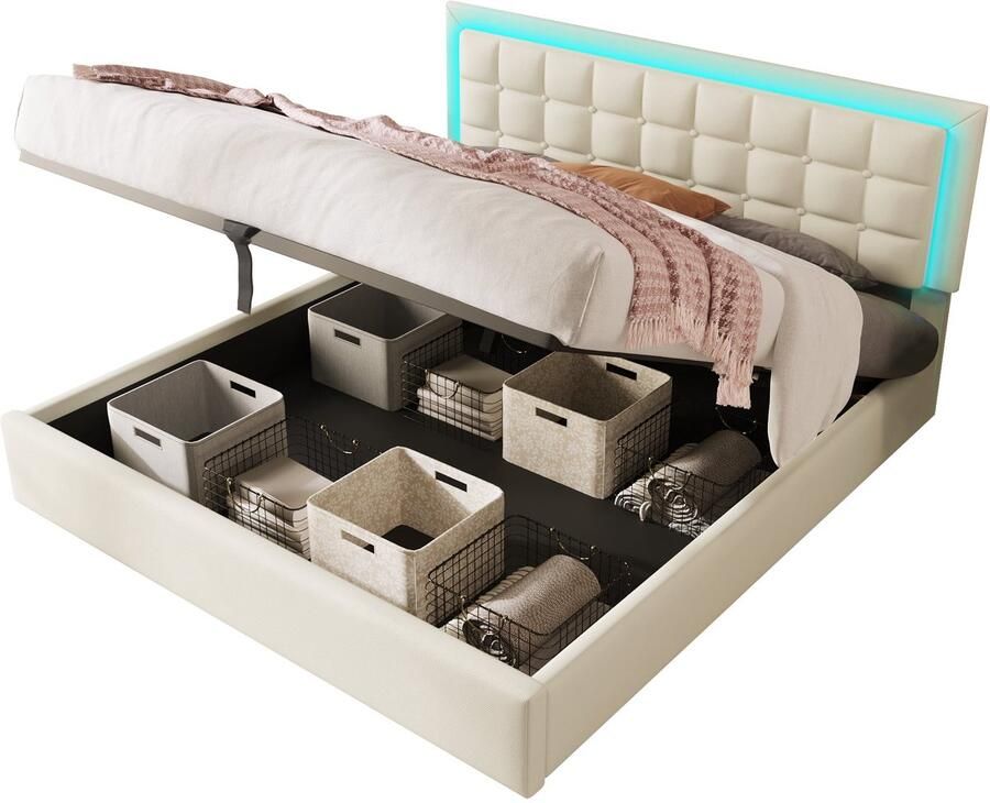 Merax Kunstleer Kingsize Tweepersoonsbed 180x200cm Bed met Lattenbodem en Opbergruimte en LED Verlichting Gestoffeerd Bedframe van Kunstleder Wit