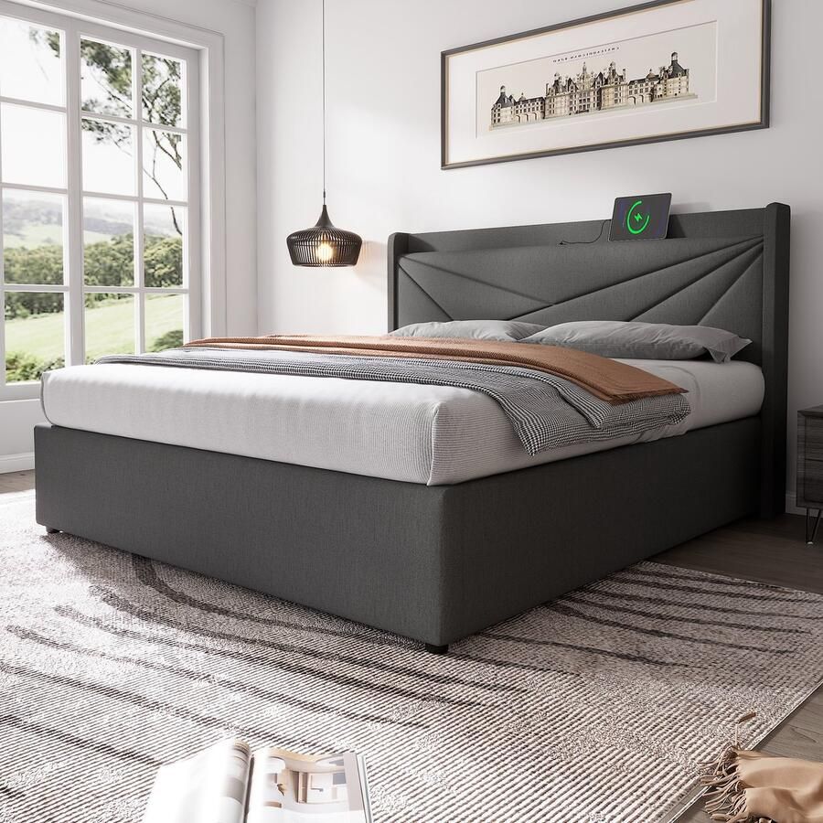 Merax Gestoffeerd 140x200 cm Tweepersoonsbed Bed met Opbergruimte en USB Type-C Aansluiting Bedframe van Katoen Linnen Grijs