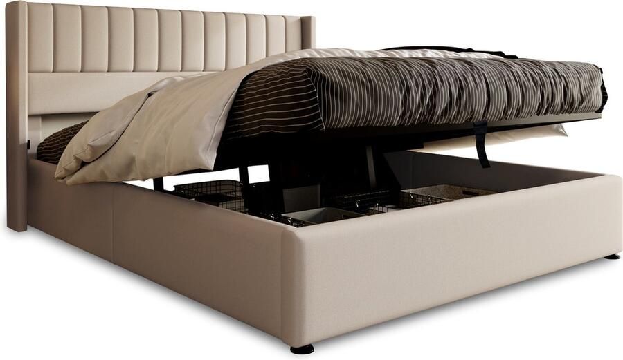 Merax Stauraumbed 180 x 200 cm – Hydraulisch Bedframe met Lattenbodem en Opbergruimte – Beige Linnen Stof – Verstelbaar Hoofdeinde - Foto 2