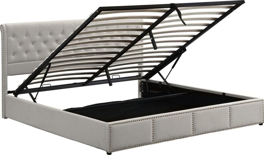 Merax Gestoffeerd Bed met Opbergruimte Hydraulisch Systeem 140 x 200 cm Fluweel Linnen Inclusief Lattenbodem Nietendecoratie Zonder Matras