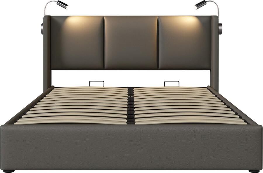 Merax Gestoffeerd Tweepersoonsbed 140x200 cm met Matras en Hydraulisch Opbergruimte Kunstleer Bed met USB Aansluiting en Leeslamp - Foto 2