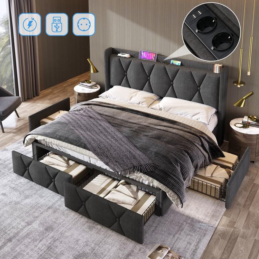 Merax Gestoffeerd bed met opladen via USB tweepersoonsbed met lades 140x200 cm opbergbed bedframe grijs zonder matras