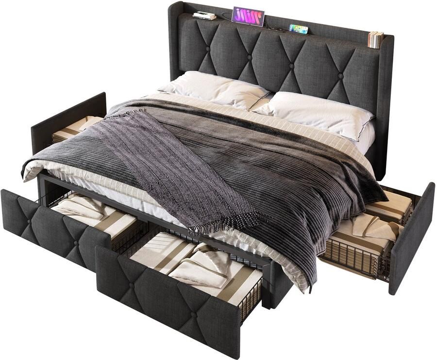 Merax Gestoffeerd bed met opladen via USB tweepersoonsbed met lades 160x200 cm opbergbed bedframe grijs zonder matras