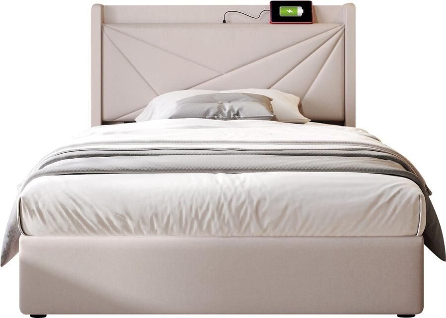 Merax Gestoffeerd Eenpersoonsbed 90x200 cm met Opbergruimte en USB Type-C Oplaadfunctie Linnen Stoffen Bedframe met Lattenbodem (Zonder Matras)