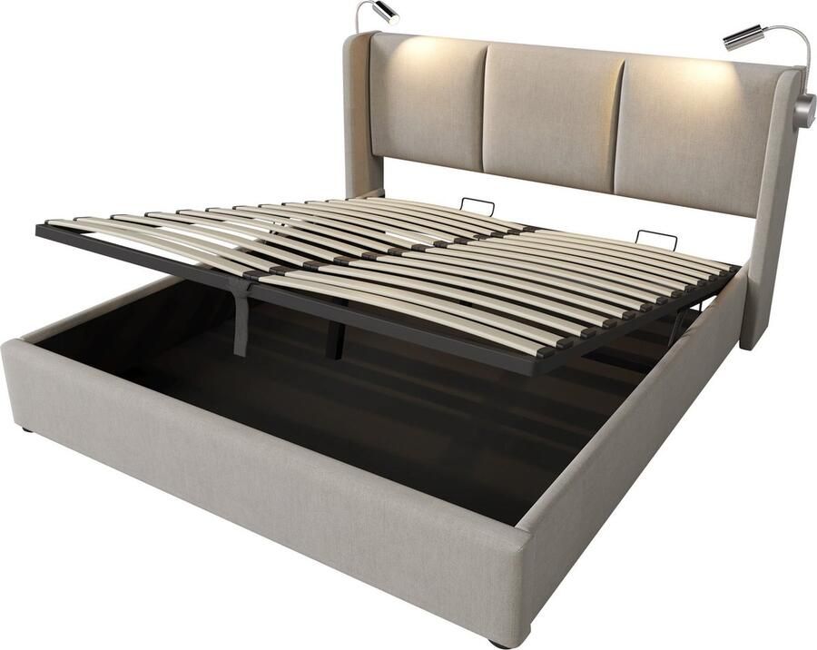 Merax Gestoffeerd Bed met USB Oplaadfunctie 140x200 cm Tweepersoonsbed met Hydraulische Opbergruimte en Leeslamp Beige