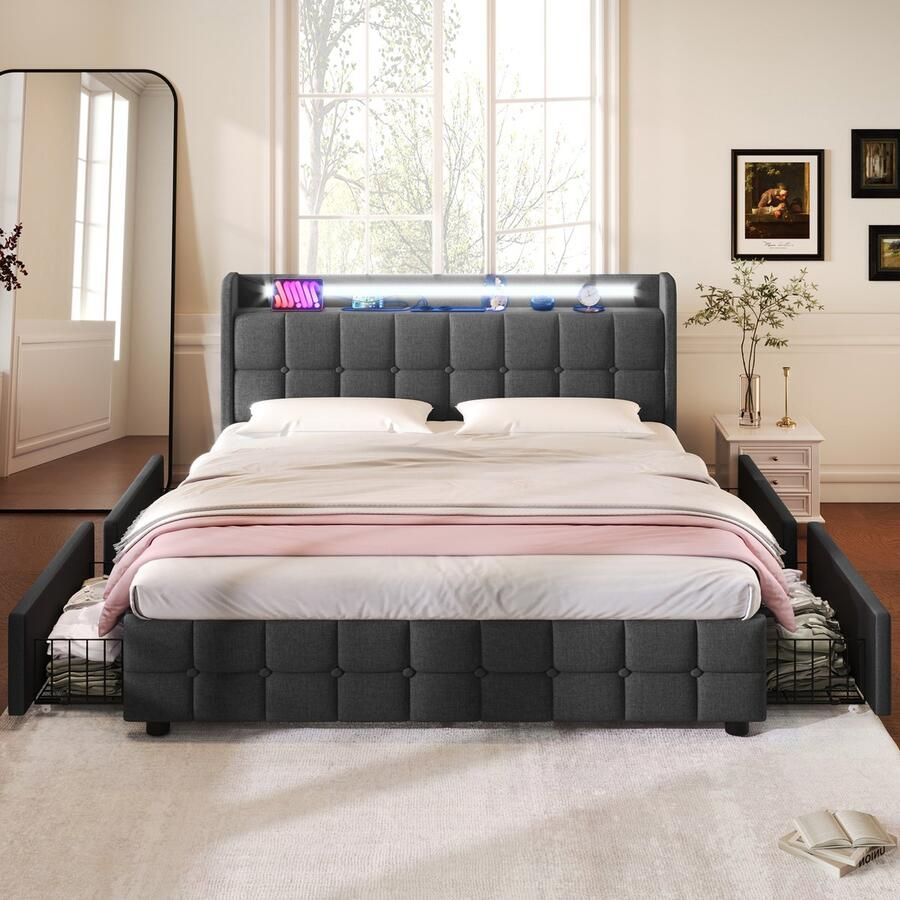 Merax Gestoffeerd bed met USB-oplaadfunctie LED-verlichting en 4 lades tweepersoonsbed 160x200cm met opbergruimte grijs zonder matras