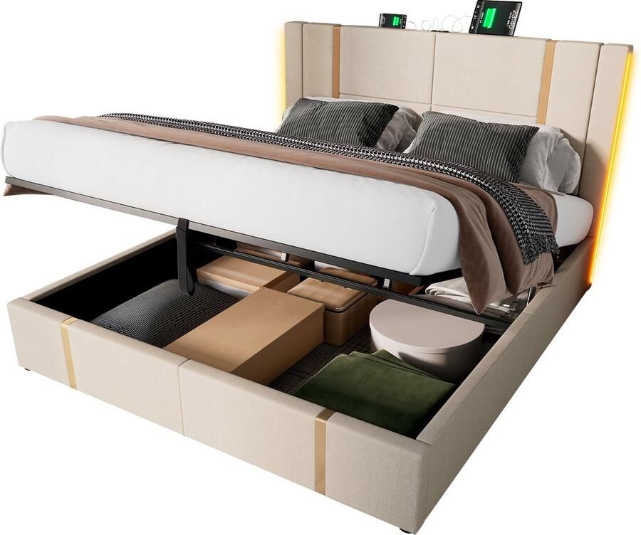 Merax Gestoffeerd Bed met USB Type-C APP-Control LED en Opbergruimte – 180x200 cm Beige Linnen (Zonder Matras)