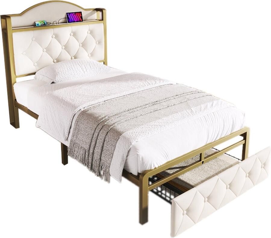 Merax Gestoffeerd Bed met USB Type-C en Opberglade Eenpersoonsbed 90x200cm Beige Inclusief Matras