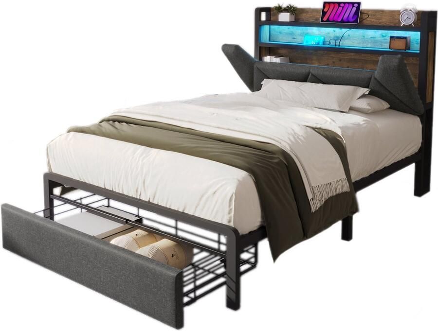 Merax Gestoffeerd Bed met USB Type C Ladefunctie Bed met Opbergruimte in Hoofdbord en LED-Verlichting 90 x 200 cm Metalen Frame Grijs (Zonder Matras)