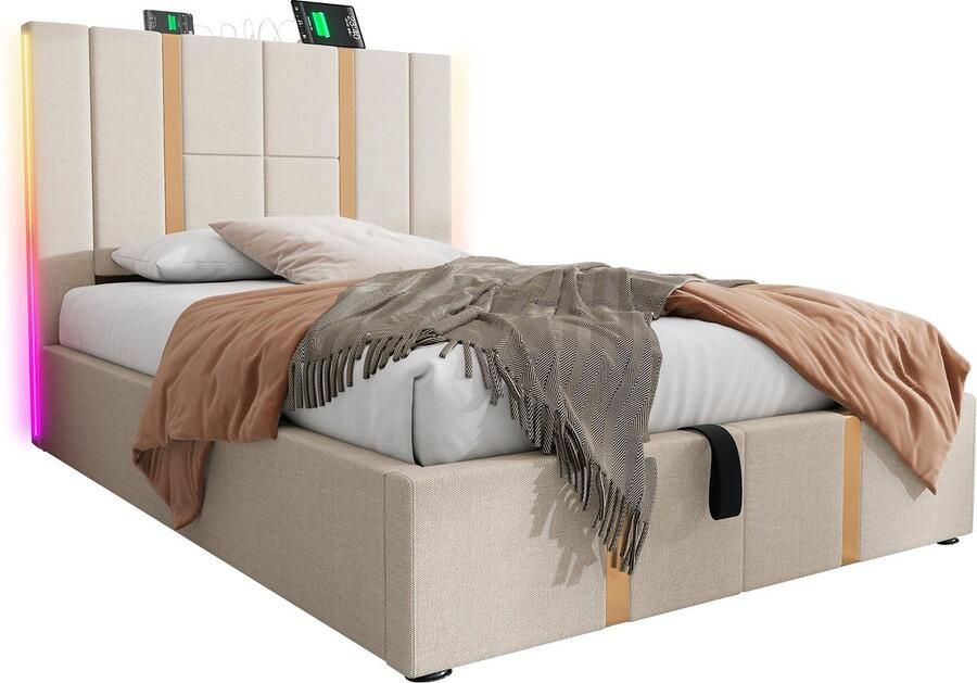 Merax Gestoffeerd Bed met USB Type C Oplaadfunctie APP Control LED Verlichting Opbergruimte Inclusief Matras 90x200 cm Beige Linnen Houten Lattenbodem