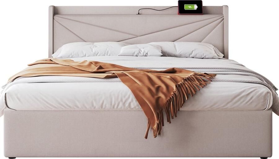 Merax Gestoffeerd Bed met USB Type C Oplaadfunctie en Opbergruimte 160x200 cm Beige Linnen Met Lattenbodem Geschikt als Logeerbed