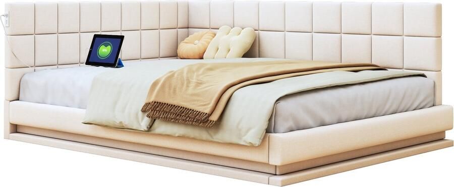 Merax Gestoffeerd Bed slaapbank 140x200 cm Multifunctioneel bed met LED-verlichting USB-aansluiting en lattenbodem Beige fluweel