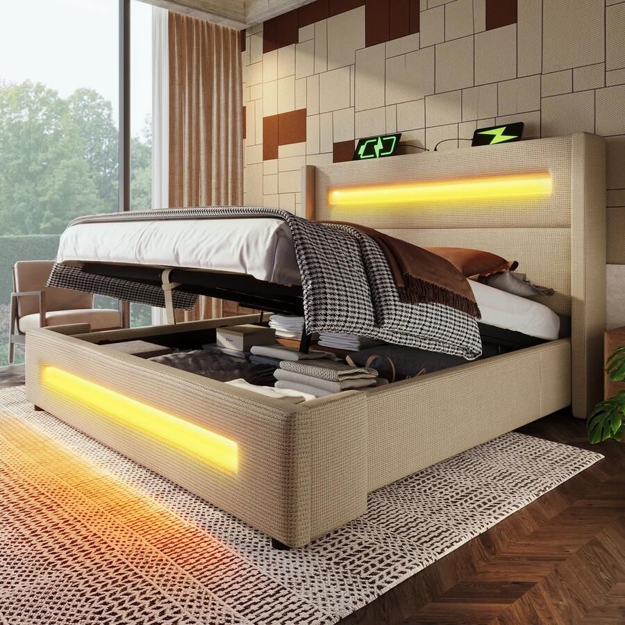 Merax Gestoffeerd bed Tweepersoonsbed 140x200 cm jeugdbed met LED opbergbed met opbergruimte en USB Type-C opladen beige zonder matras