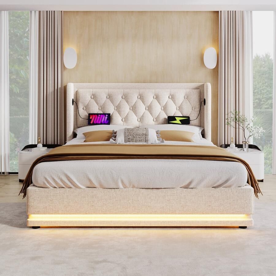 Merax Gestoffeerd bed tweepersoonsbed 140x200 cm met USB Type-C opladen met LED-verlichting matras niet inbegrepen beige linnen