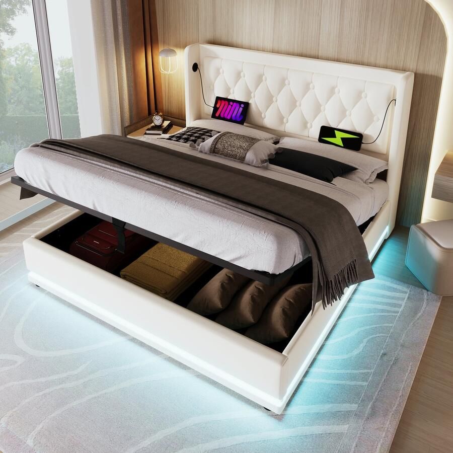 Merax Gestoffeerd bed tweepersoonsbed 140x200 cm met USB Type-C opladen met LED-verlichting zonder matras wit PU